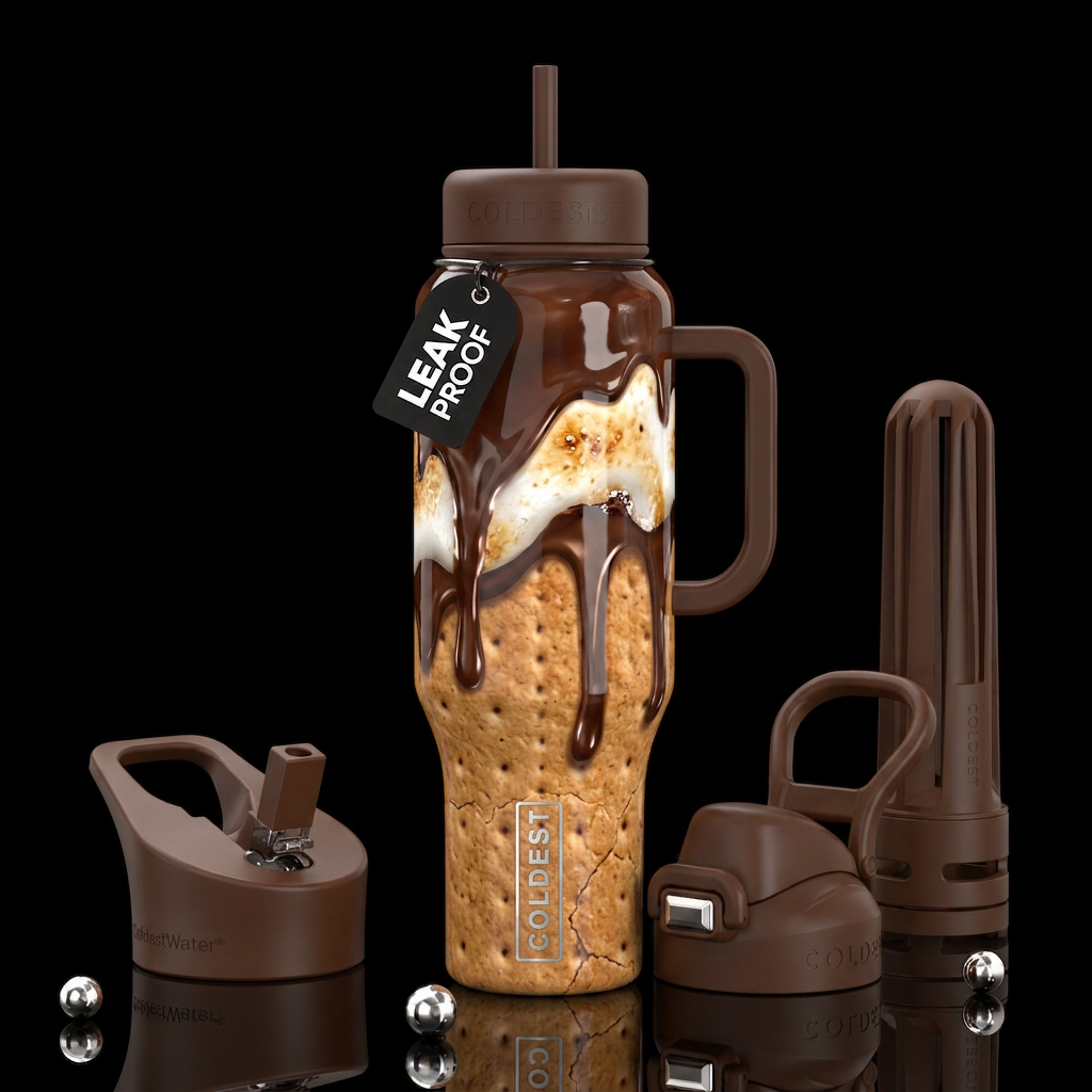 Graham cracker background with marshmallow and dri... water bottle design