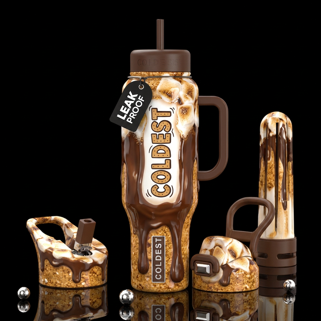 Graham cracker background with marshmallow and dri... water bottle design