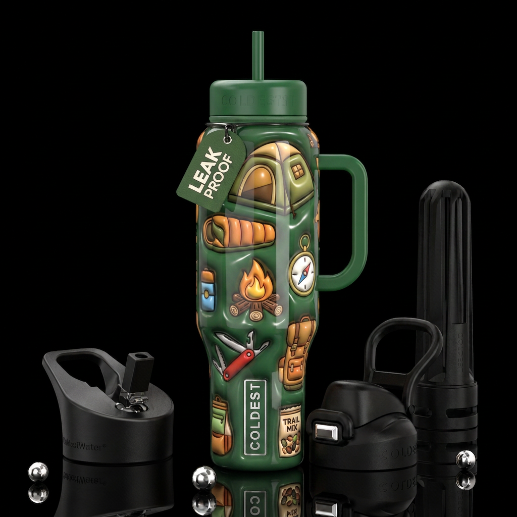 Items to bring camping, glossy, trompe-l'œil, beau... water bottle design