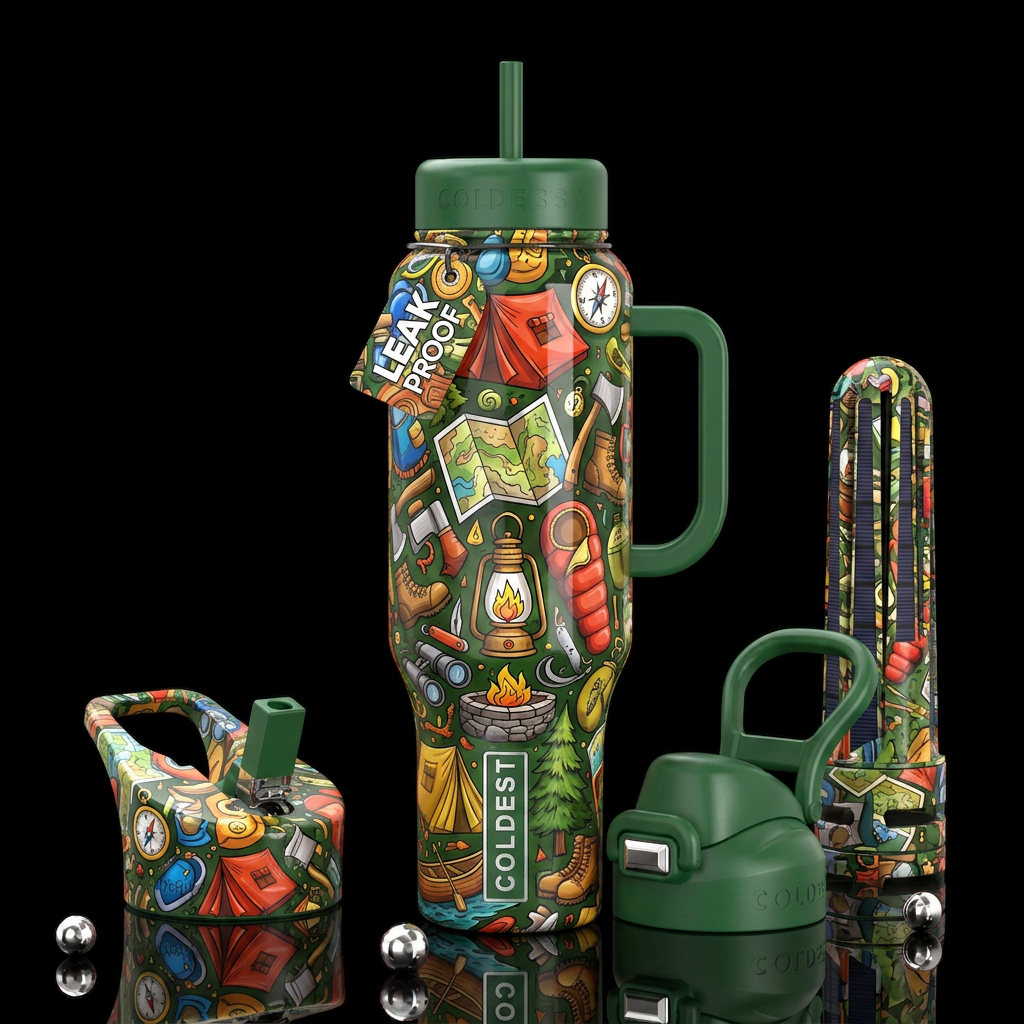 Items to bring camping, glossy, trompe-l'œil, beau... water bottle design