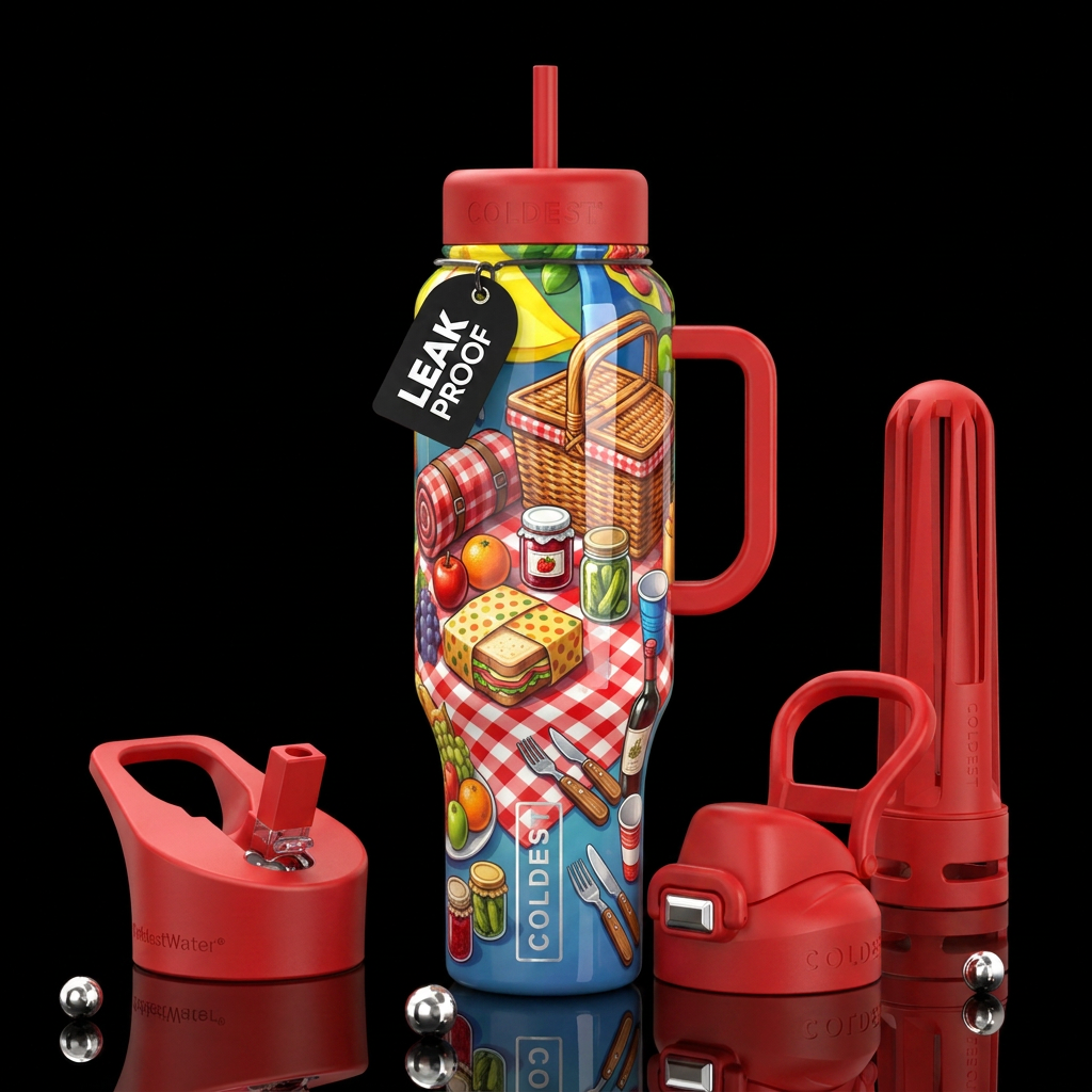Items to bring to a picnic, glossy, trompe-l'œil, ... water bottle design
