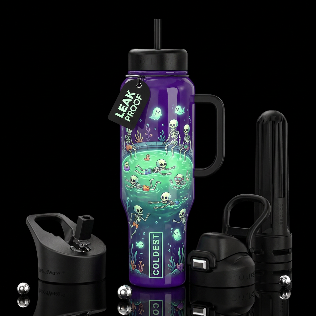 Halloween, skeletons going for a swim,glossy, trom... water bottle design