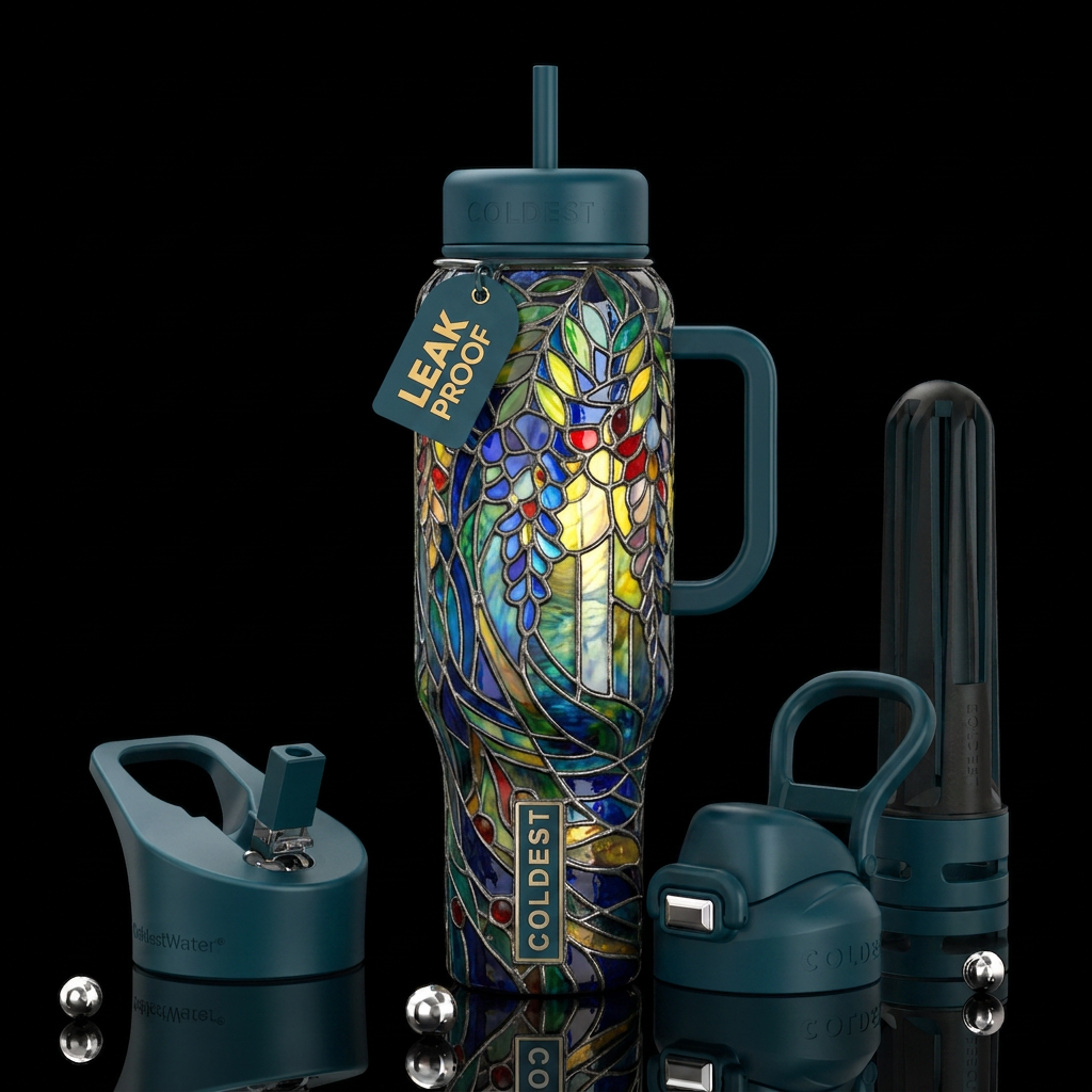 Melancholic, glossy, trompe-l'œil, beautiferous,Ti... water bottle design