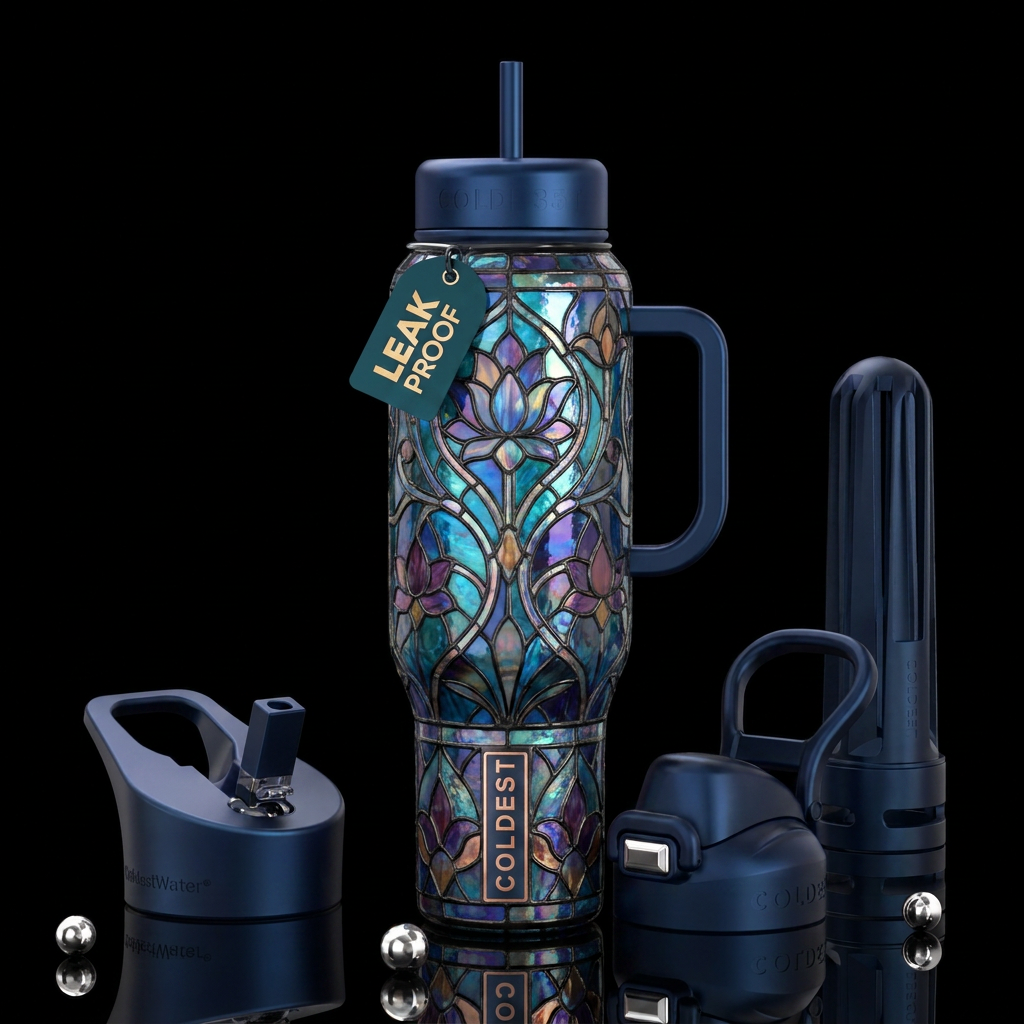 Melancholic, glossy, trompe-l'œil, beautiferous,Ti... water bottle design