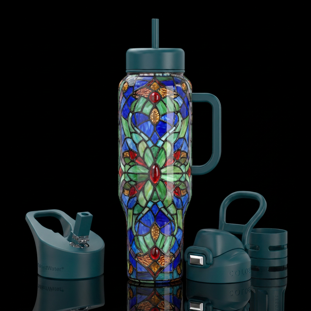 Melancholic, glossy, trompe-l'œil, beautiferous,Ti... water bottle design