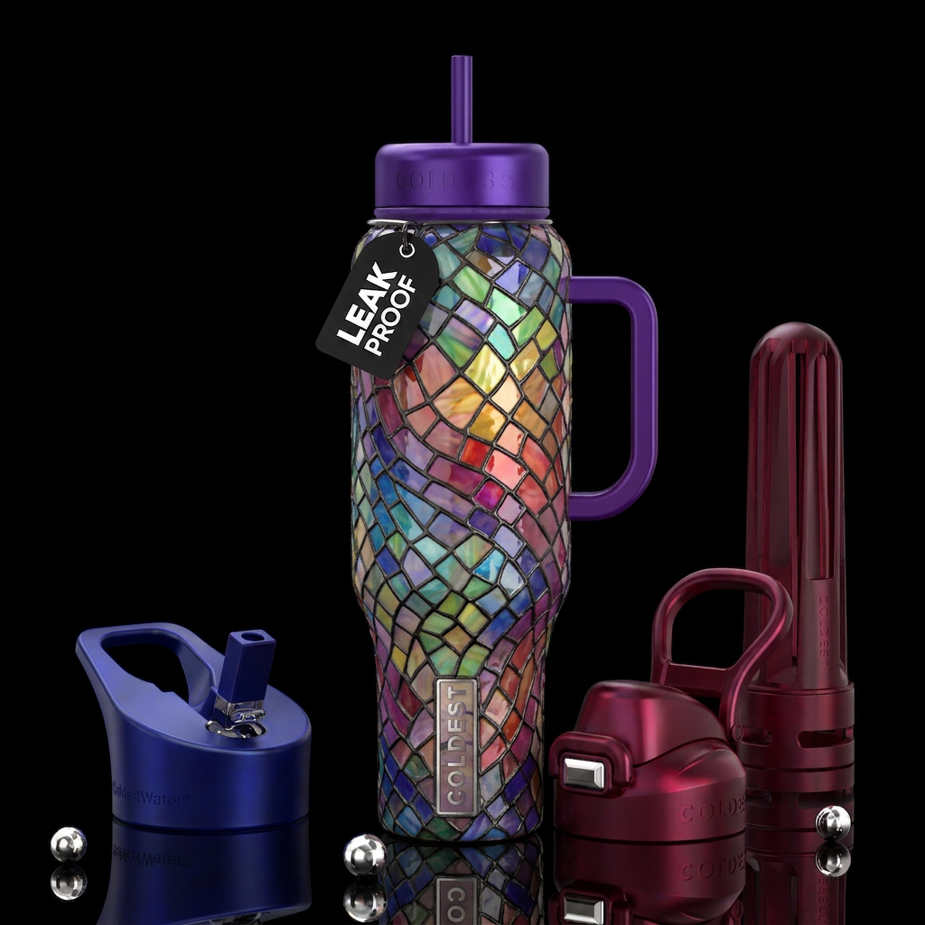 Melancholic, glossy, trompe-l'œil, beautiferous,Ti... water bottle design