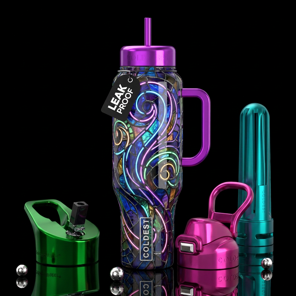 Melancholic, glossy, trompe-l'œil, beautiferous,Ti... water bottle design