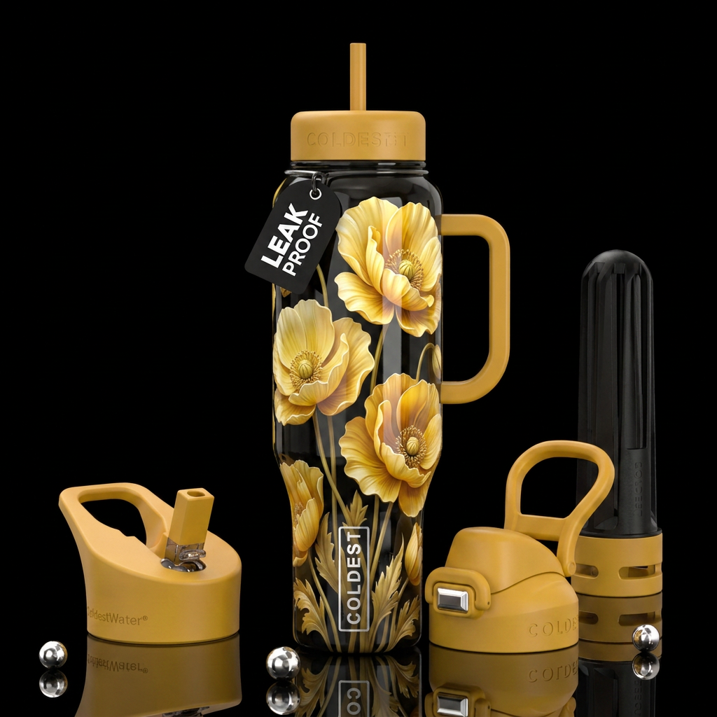 Yellow and blonde poppies, glossy, trompe-l'œil, b... water bottle design
