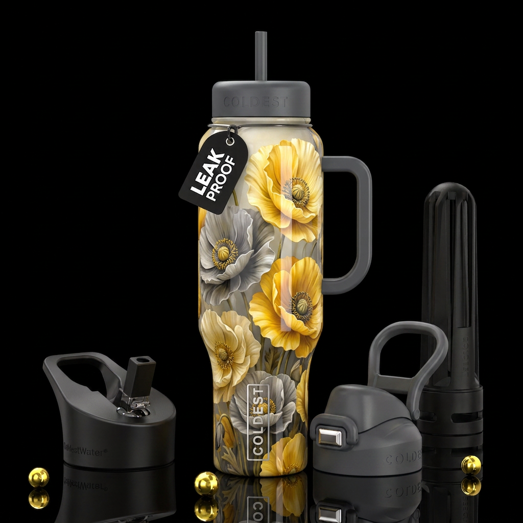 Yellow and blonde and Grey  poppies, glossy, tromp... water bottle design