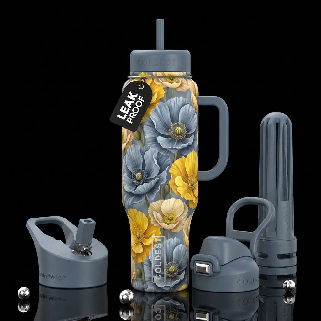 Yellow and blonde and Grey  blue poppies, glossy, ... water bottle design