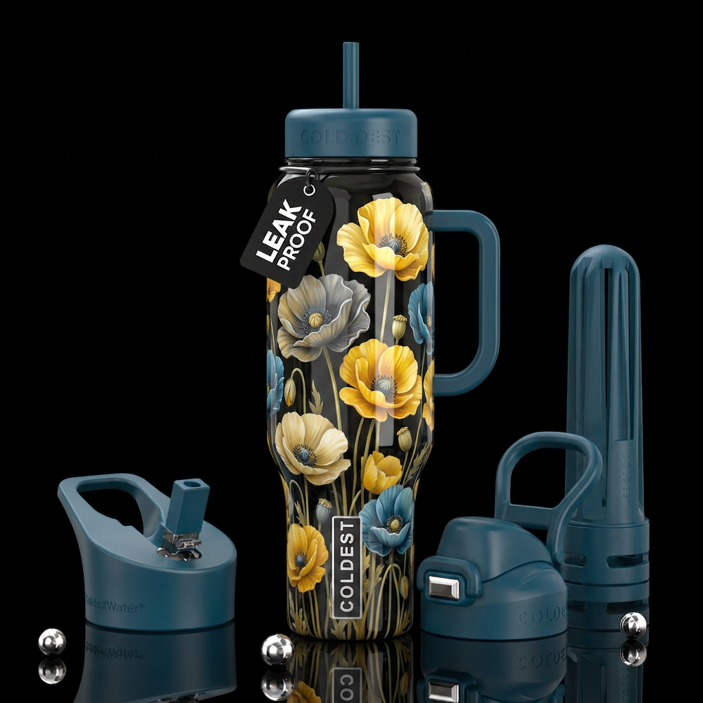 Yellow and blonde and Grey  and blue poppies, glos... water bottle design