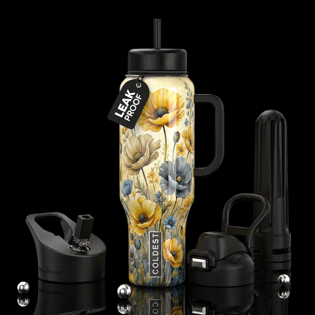 Yellow and blonde and Grey  and blue poppies, glos... water bottle design