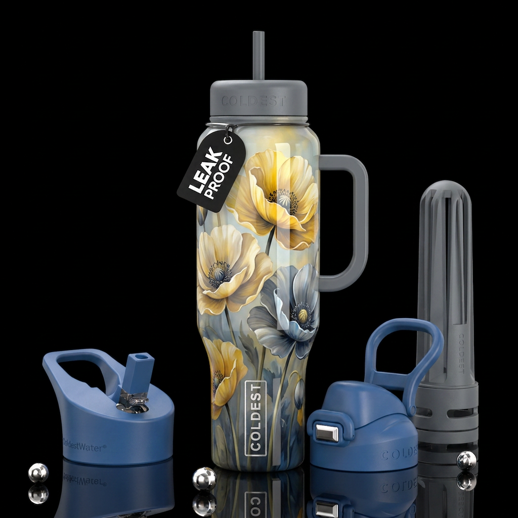 Yellow and blonde and Grey  and blue poppies, glos... water bottle design