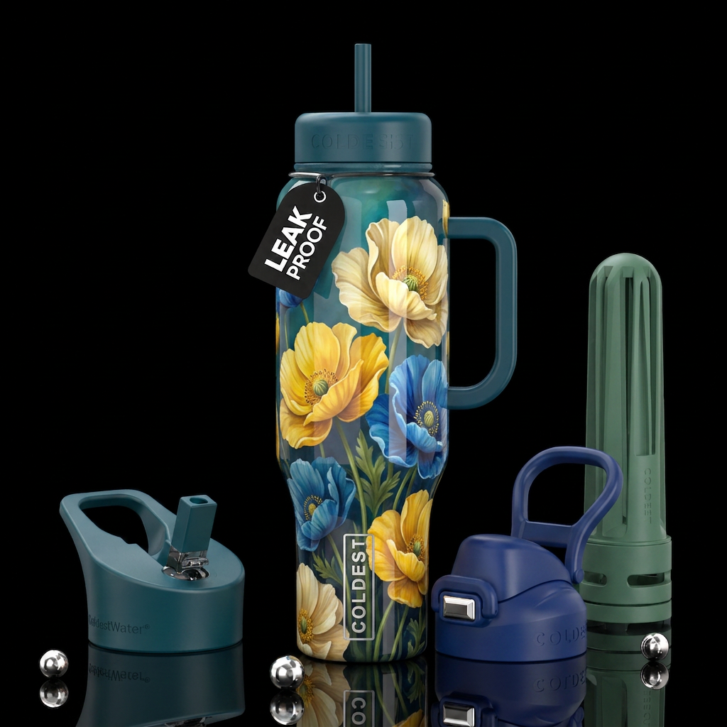 Yellow and blonde and blue poppies, glossy, trompe... water bottle design