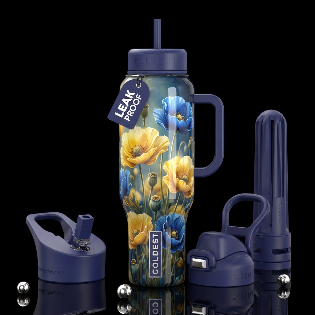 Yellow and blonde and blue poppies, glossy, trompe... water bottle design