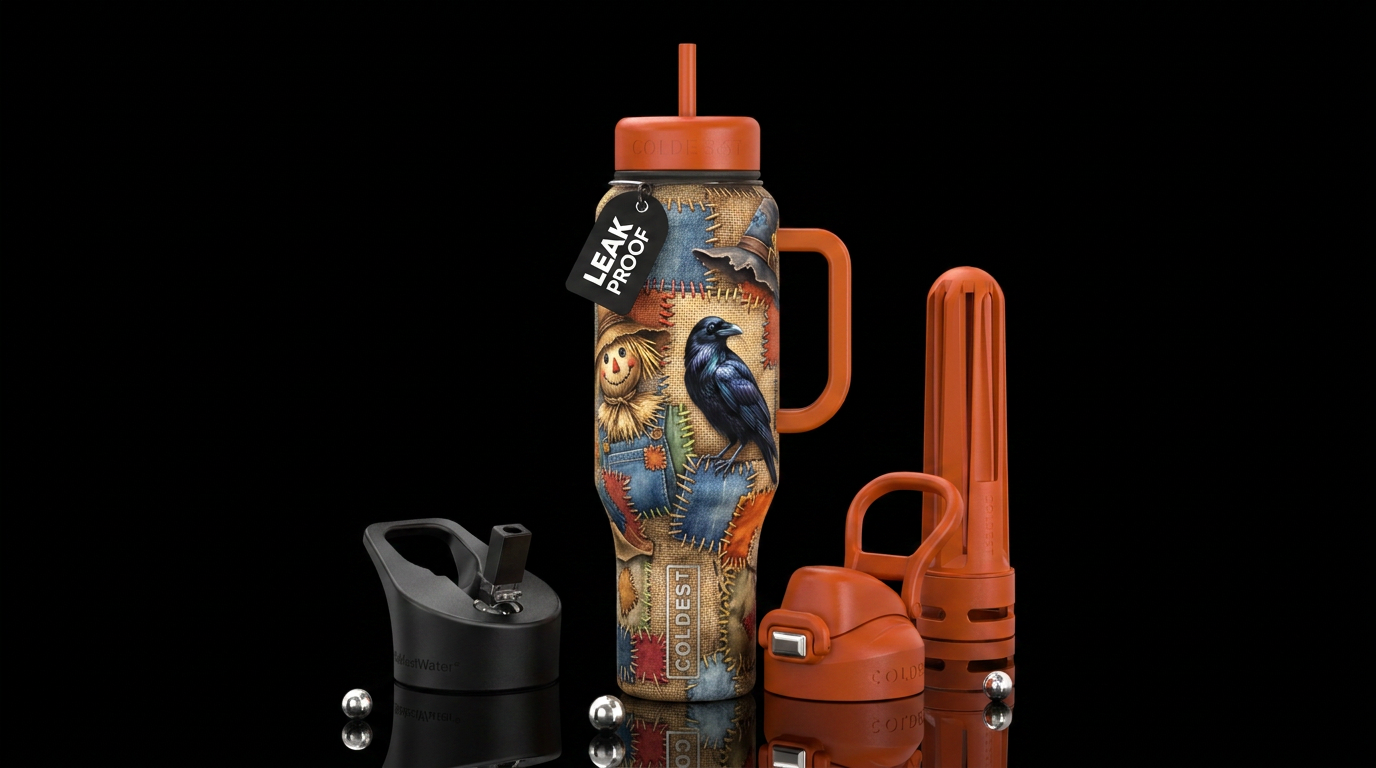Scarecrow patches, raven,glossy, trompe-l'œil, bea... water bottle design