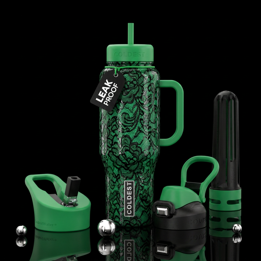 Green with black lace,glossy, trompe-l'œil, beauti... water bottle design