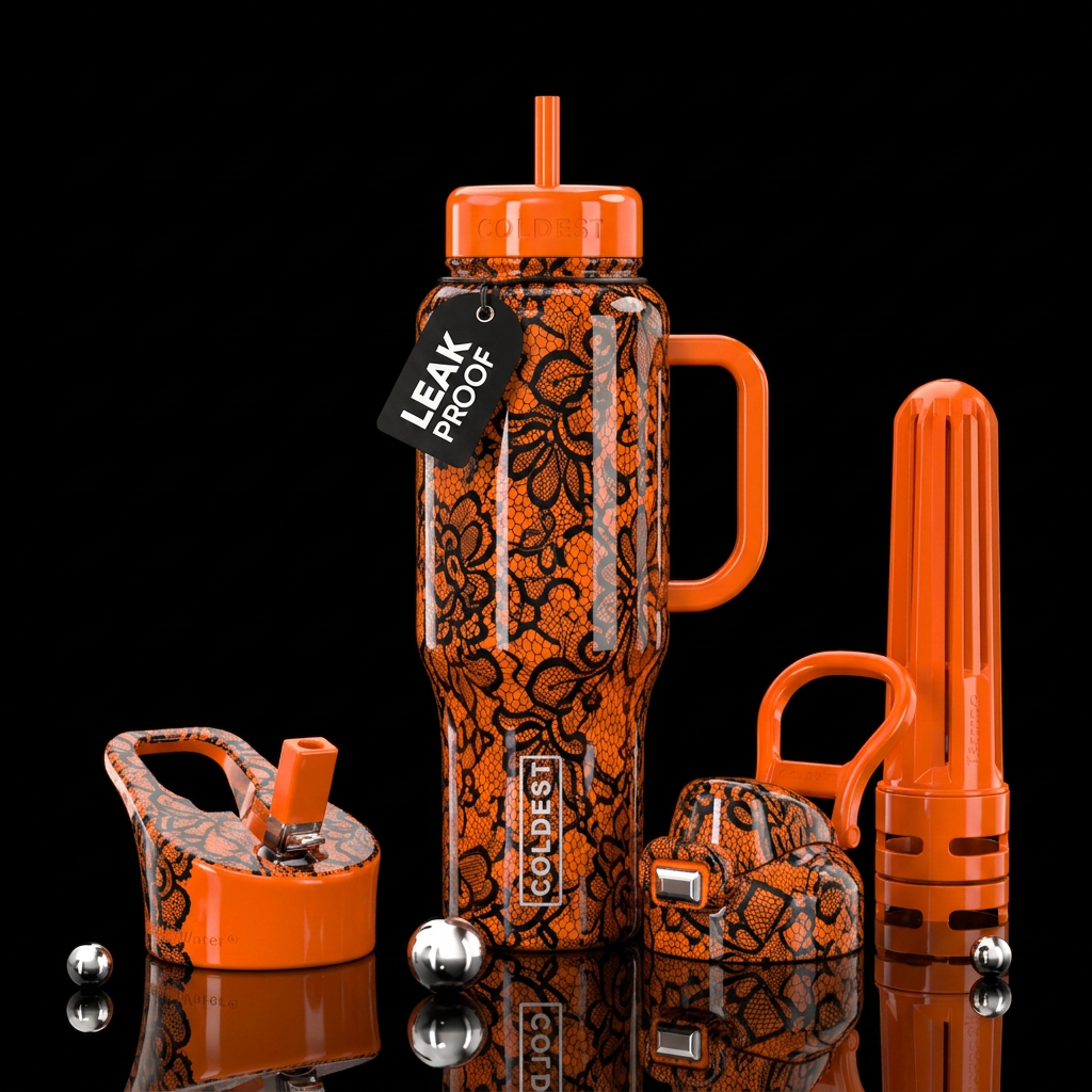 Orange with black lace,glossy, trompe-l'œil, beaut... water bottle design