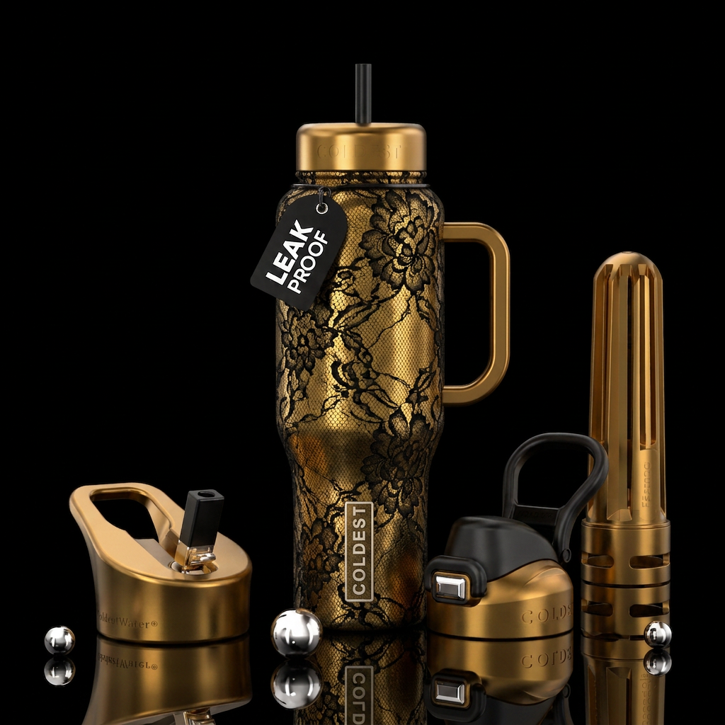 Gold with black lace,glossy, trompe-l'œil, beautif... water bottle design