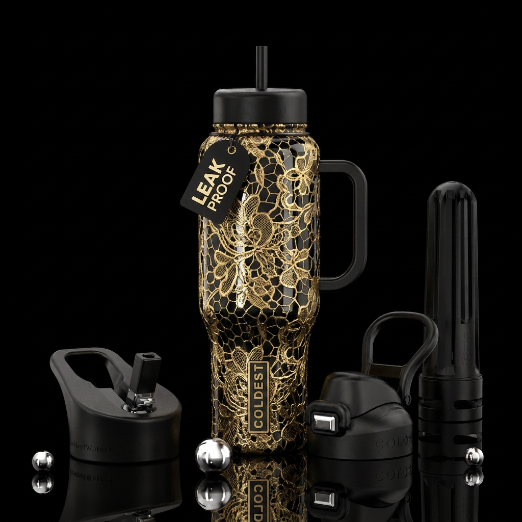 Gold with black lace,glossy, trompe-l'œil, beautif... water bottle design