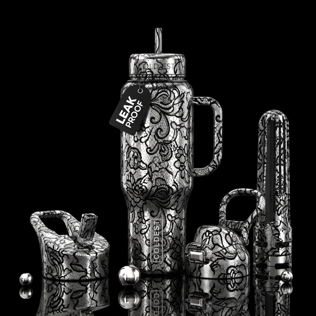 Silver with black lace,glossy, trompe-l'œil, beaut... water bottle design
