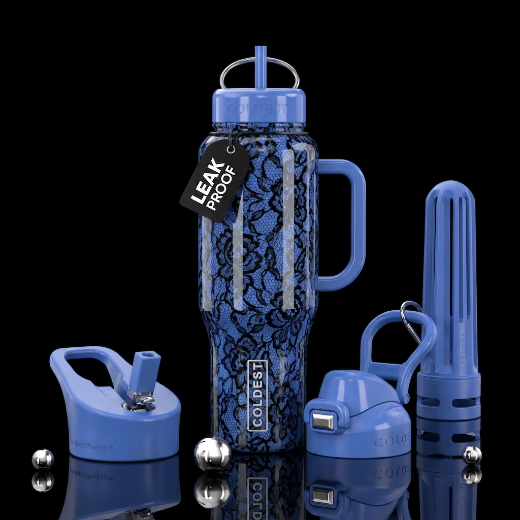Cornflower bluewith black lace,glossy, trompe-l'œi... water bottle design