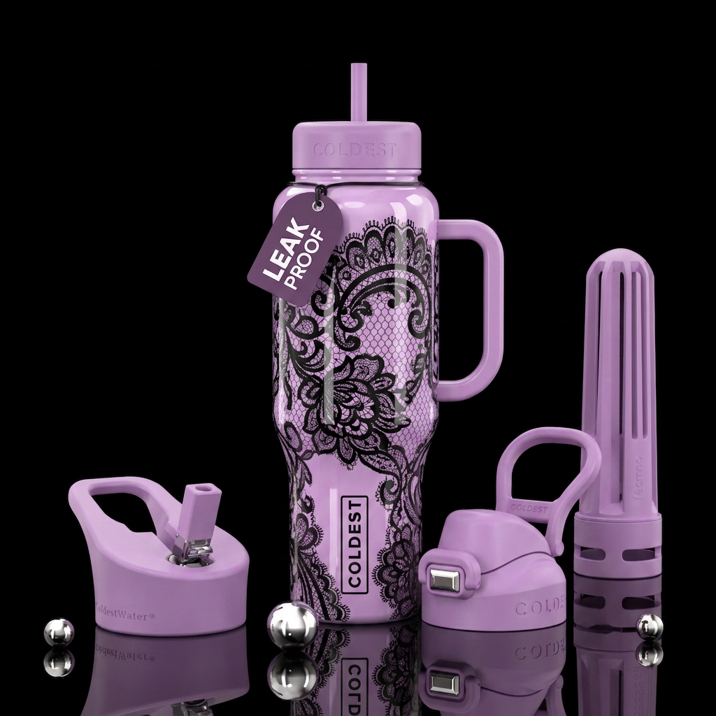 Lilac with black lace,glossy, trompe-l'œil, beauti... water bottle design