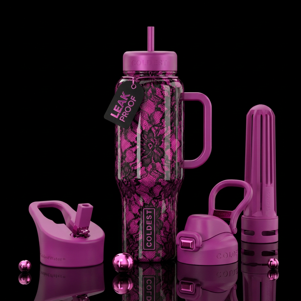 Magenta with black lace,glossy, trompe-l'œil, beau... water bottle design