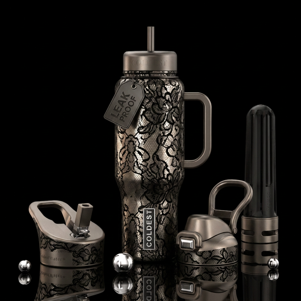 Pewter with black lace,glossy, trompe-l'œil, beaut... water bottle design