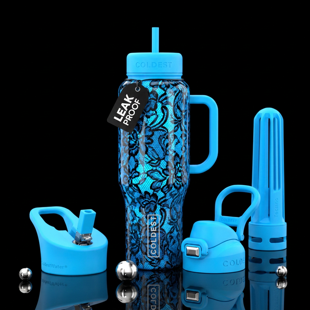 Blue with black lace,glossy, trompe-l'œil, beautif... water bottle design