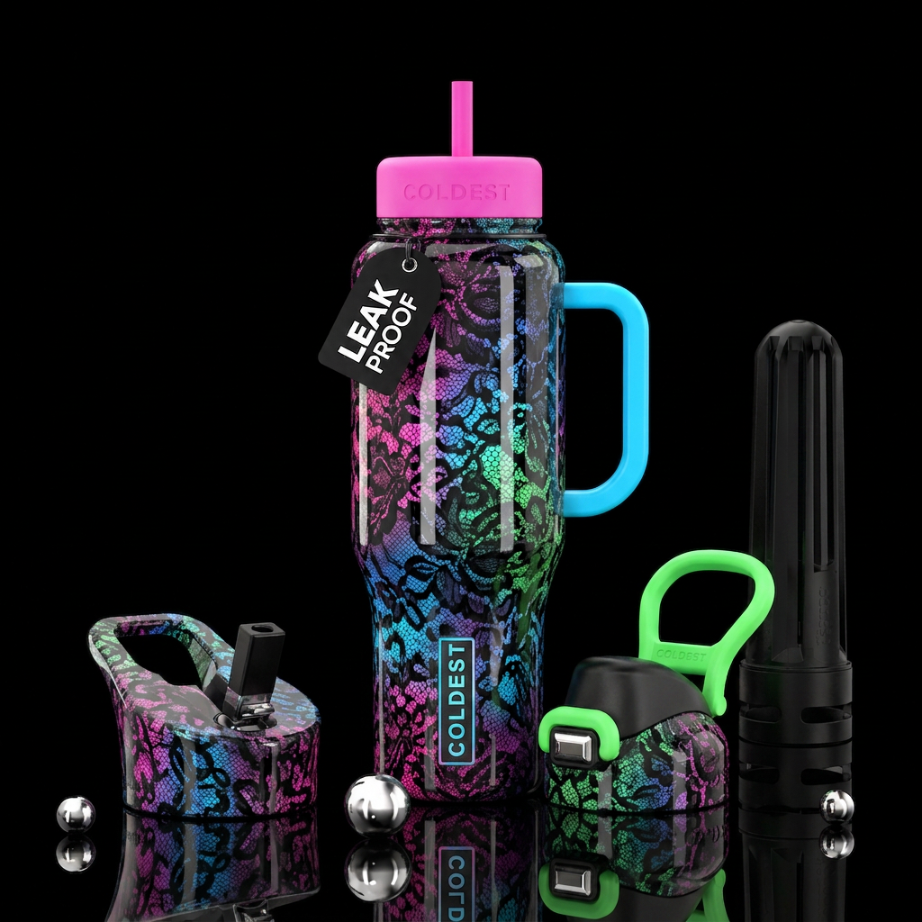 Neon with black lace,glossy, trompe-l'œil, beautif... water bottle design