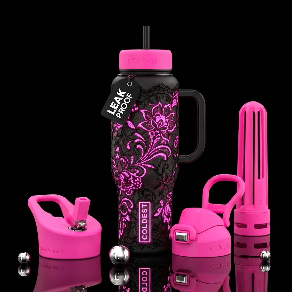 Neon with black lace,glossy, trompe-l'œil, beautif... water bottle design