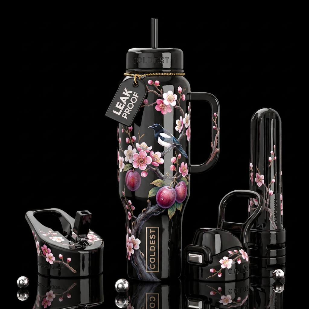 Plum tree, glossy, trompe-l'œil, beautiferous water bottle design