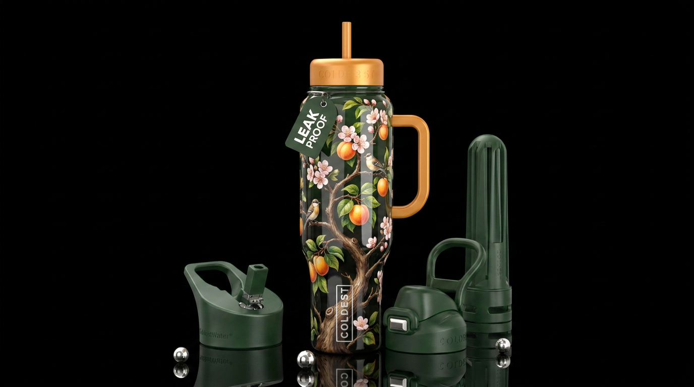 Apricot tree, glossy, trompe-l'œil, beautiferous water bottle design