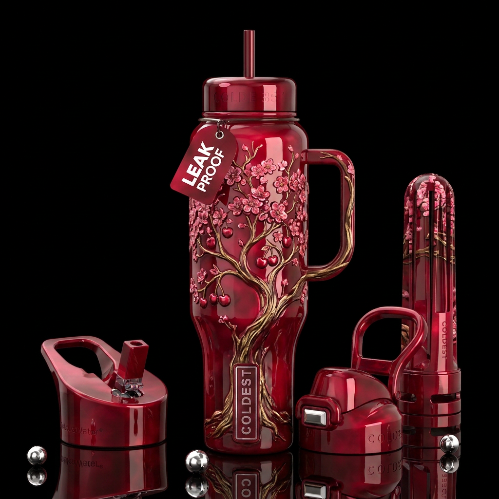 Cherry tree, glossy, trompe-l'œil, beautiferous water bottle design