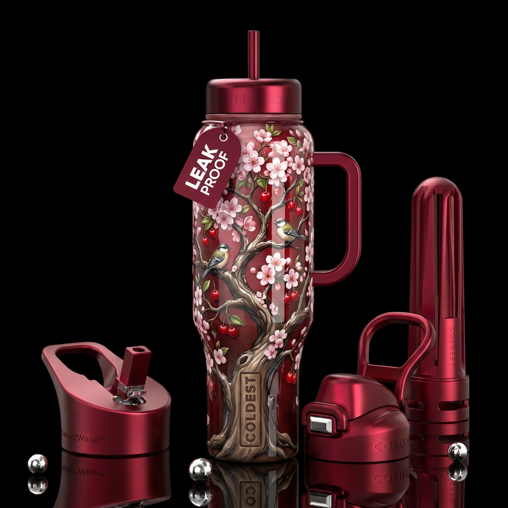 Cherry tree, glossy, trompe-l'œil, beautiferous water bottle design
