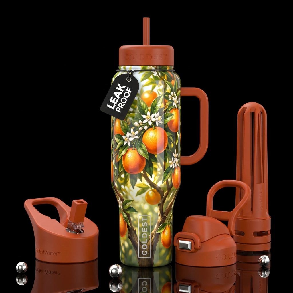 Orange tree,glossy,trompe-l'œil,beautiferous water bottle design
