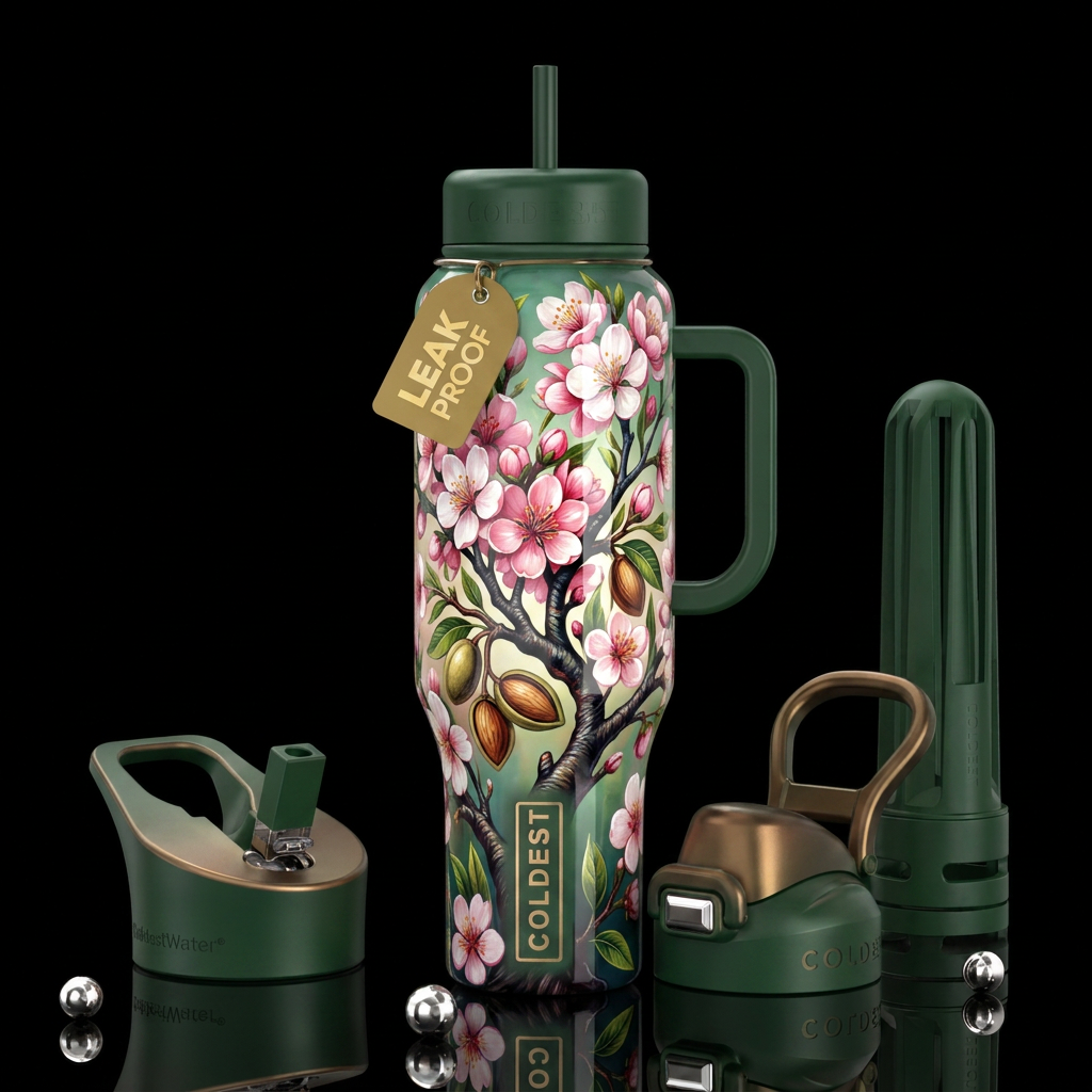 Almond tree,glossy, trompe-l'œil, beautiferous water bottle design