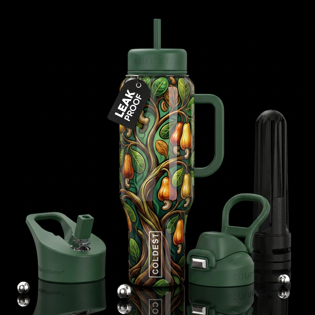 Cashew tree,glossy, trompe-l'œil, beautiferous water bottle design