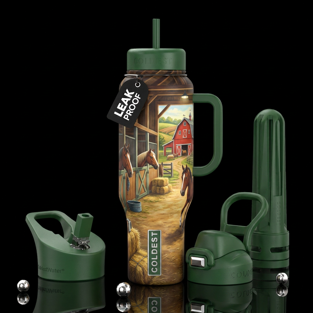 Horse stables, barn, glossy, trompe-l'œil, beautif... water bottle design