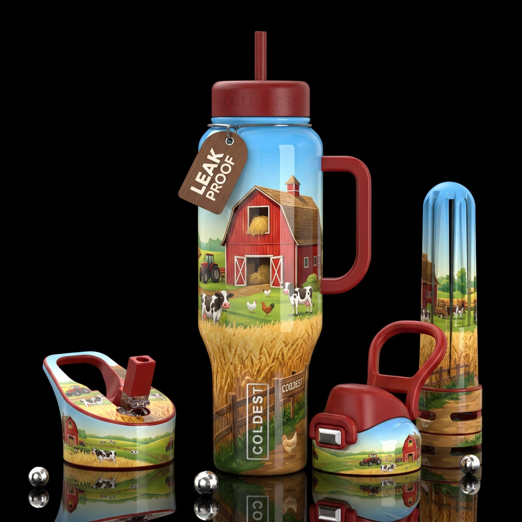 Farm life, barn, glossy, trompe-l'œil, beautiferou... water bottle design