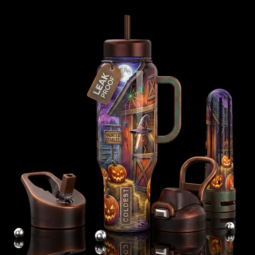 Halloween at the horse stables, barn, glossy, trom... water bottle design