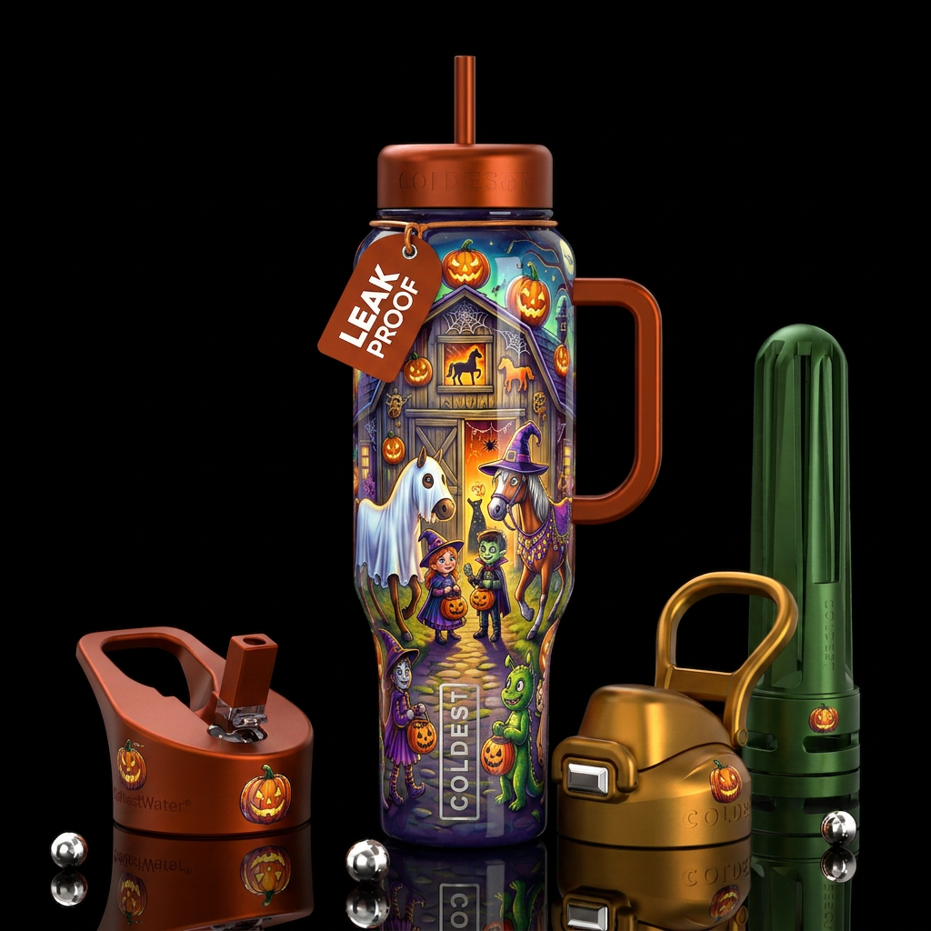 Halloween trick or treat  at the horse stables, ba... water bottle design
