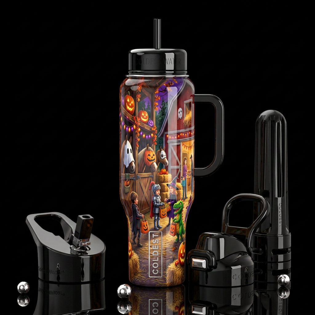 Halloween trick or treat  at the horse stables, ba... water bottle design