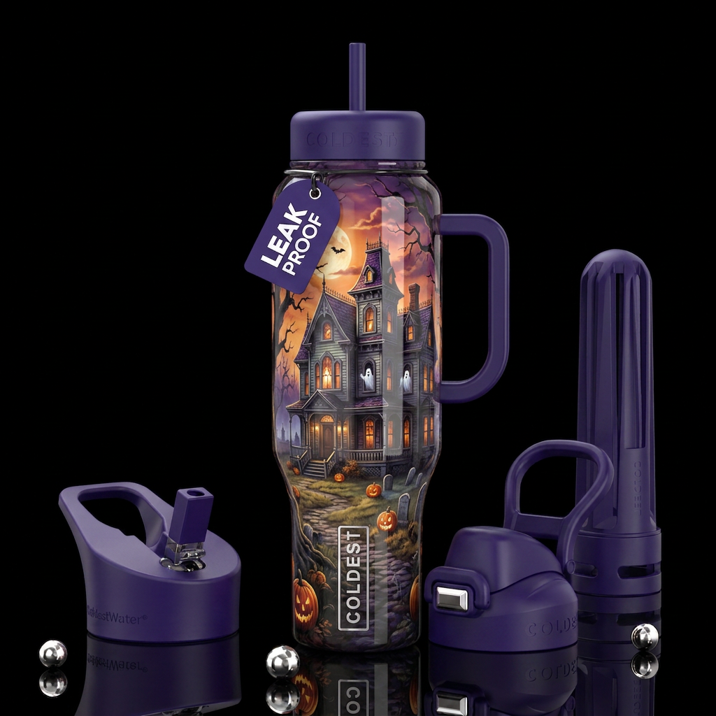 Halloween haunted house in the country, glossy, tr... water bottle design