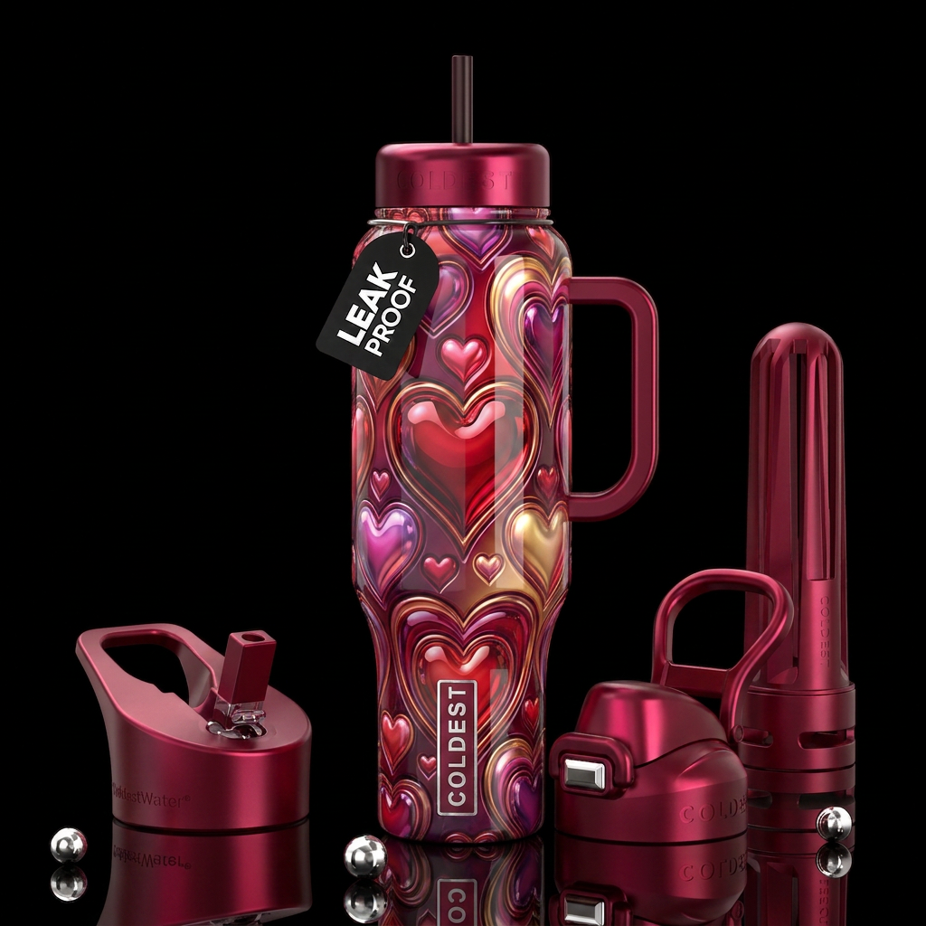 Hearts, glossy, trompe-l'œil, beautiferous water bottle design
