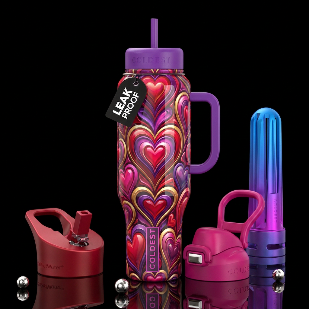 Hearts, glossy, trompe-l'œil, beautiferous water bottle design