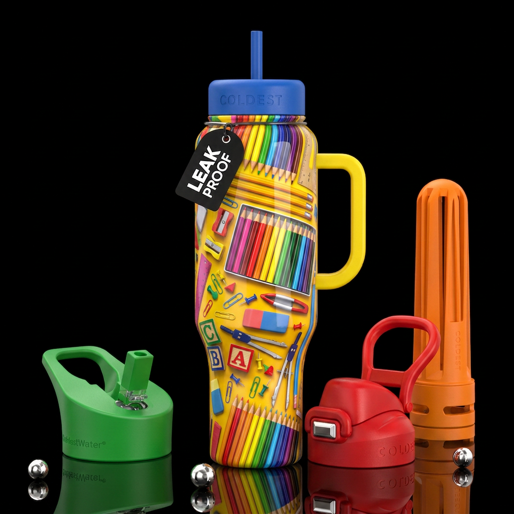 School supplies, glossy, trompe-l'œil, beautiferou... water bottle design