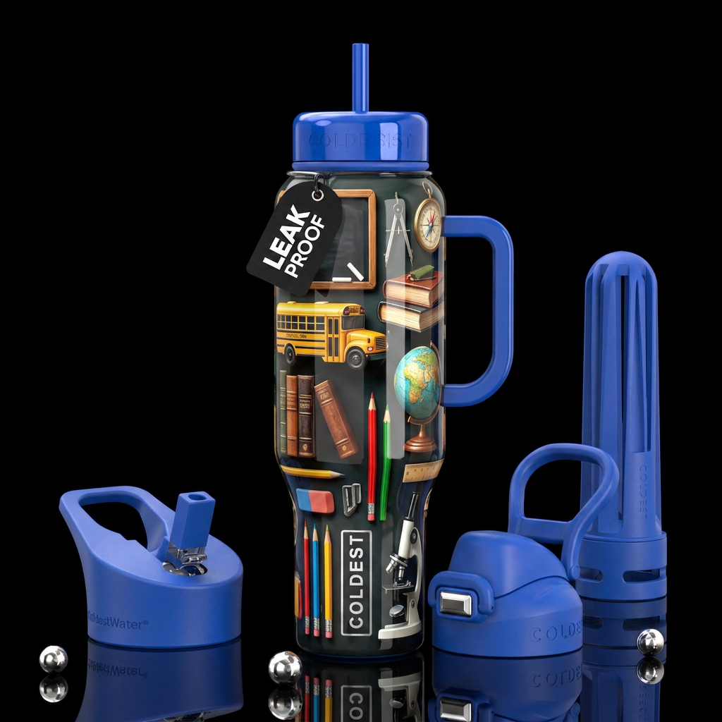 School , glossy, trompe-l'œil, beautiferous water bottle design