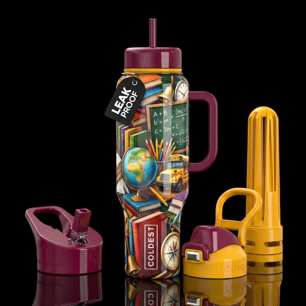School , glossy, trompe-l'œil, beautiferous water bottle design